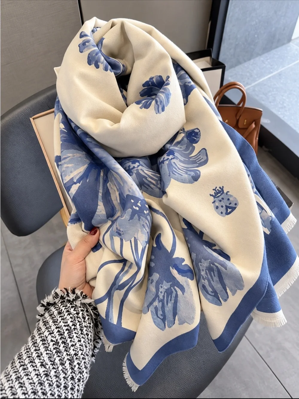 Floral Blue and Cream Women's Scarf or Elegant Wrap NEW
